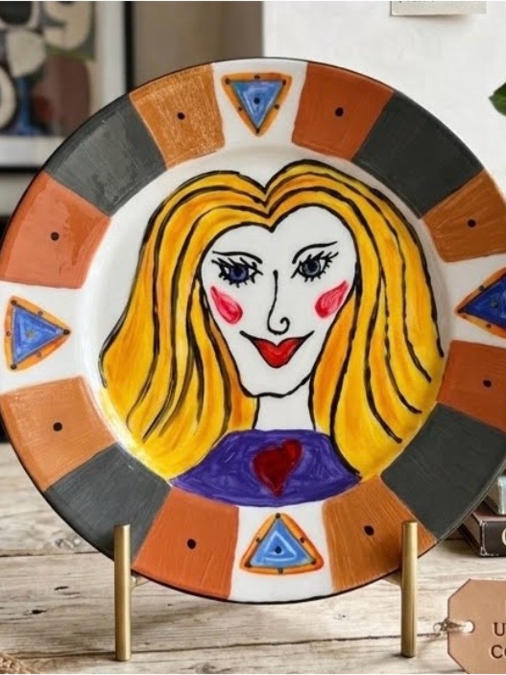 Whimsical Folk Art Ceramic Portrait Face Plate Hand Painted Studio Pottery 10”
